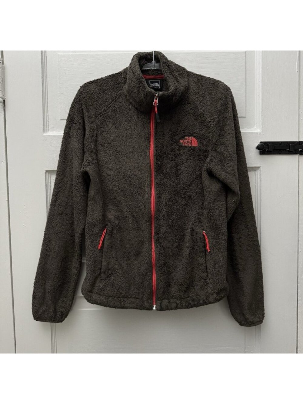 The North Face Osito Women S Olive Green Orange High Pile Fleece Full Zip Jacket